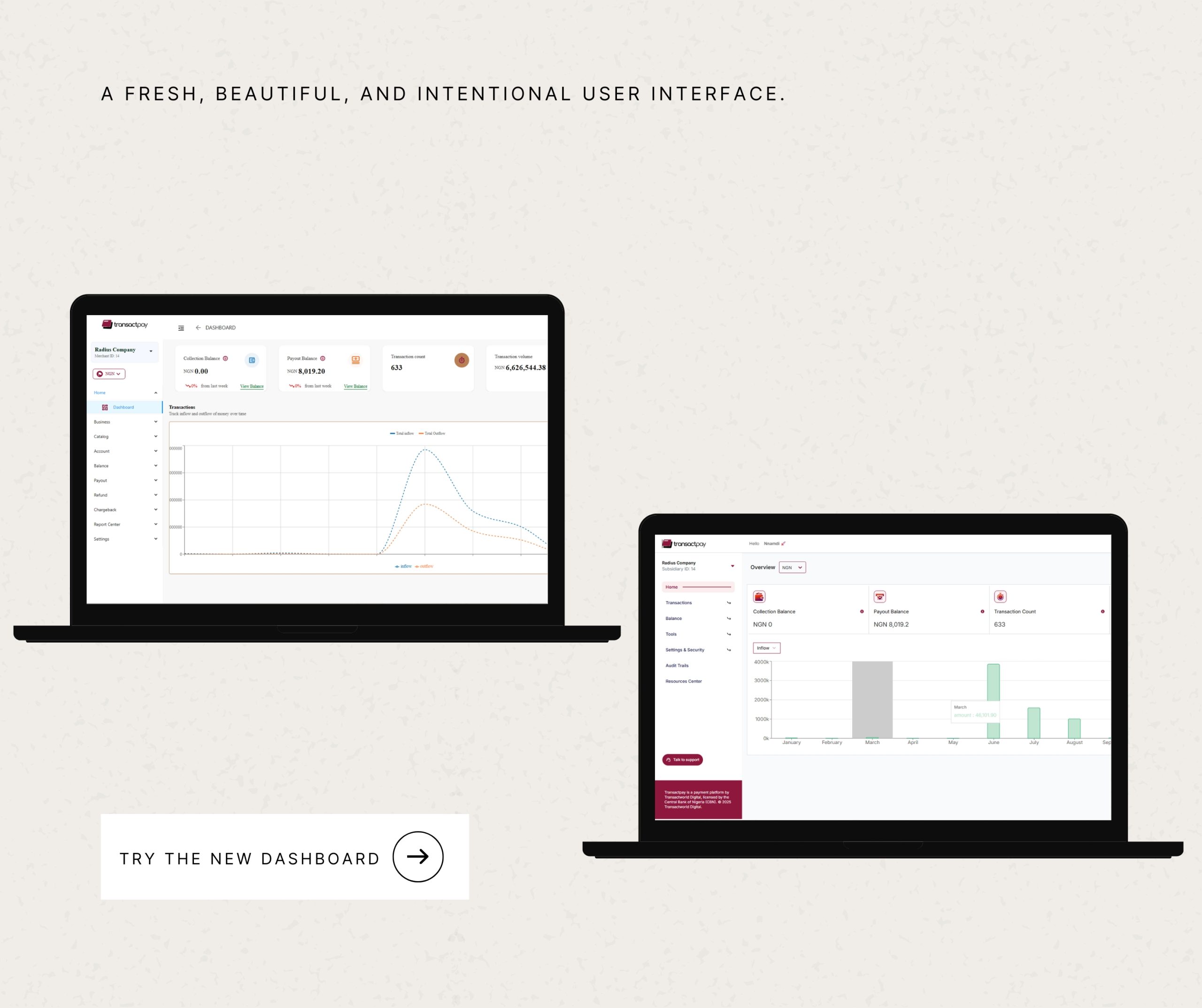 Explore the new Transactpay Dashboard. Featuring editable Payment Links, 2FA security, bulk reporting, and a 7-module navigation for ultimate efficiency.